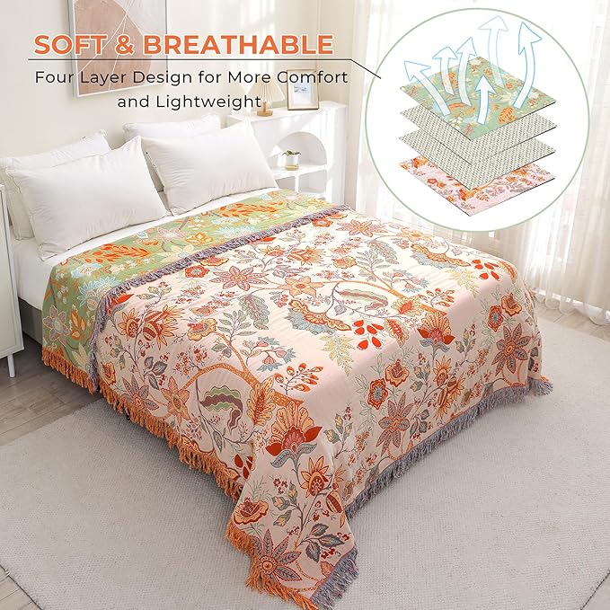 Boho Throw Blanket for Bed-Soft Cotton Rustic Quilt 80"×90",Floral Printed Farmhouse Decor Muslin Bed Blankets for Sofa Couch Chair, Seasons