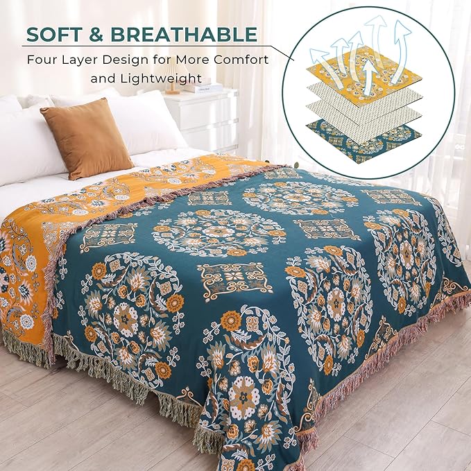 Boho Throw Blanket for Bed,100% Cotton Ultra Soft Lightweight Muslin 4-Layer Breathable Woven Throws 80''x 90'' Blanket Yellow Floral Printed Farmhouse Decor Bed Blankets