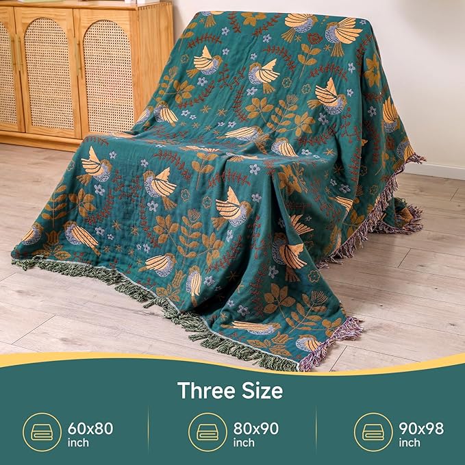 Boho Throw Blanket for Bed Couch 100% Cotton Woven Bed Throws for All Season Lightweight and Soft Cozy Farmhouse Reversible Muslin Decorative Blanket for Travel Picnic, Teal/Cream, 60''x80''