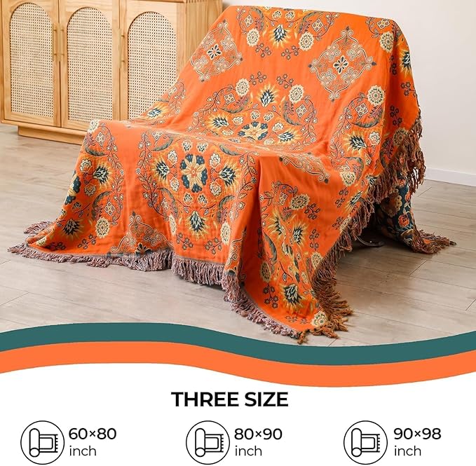Throw Blanket for Couch Bed Chair,100% Cotton Soft Lightweight Blanket Rustic Quilt -Orange Floral Printed Farmhouse Decor Bed All Season Blankets,80"×90"