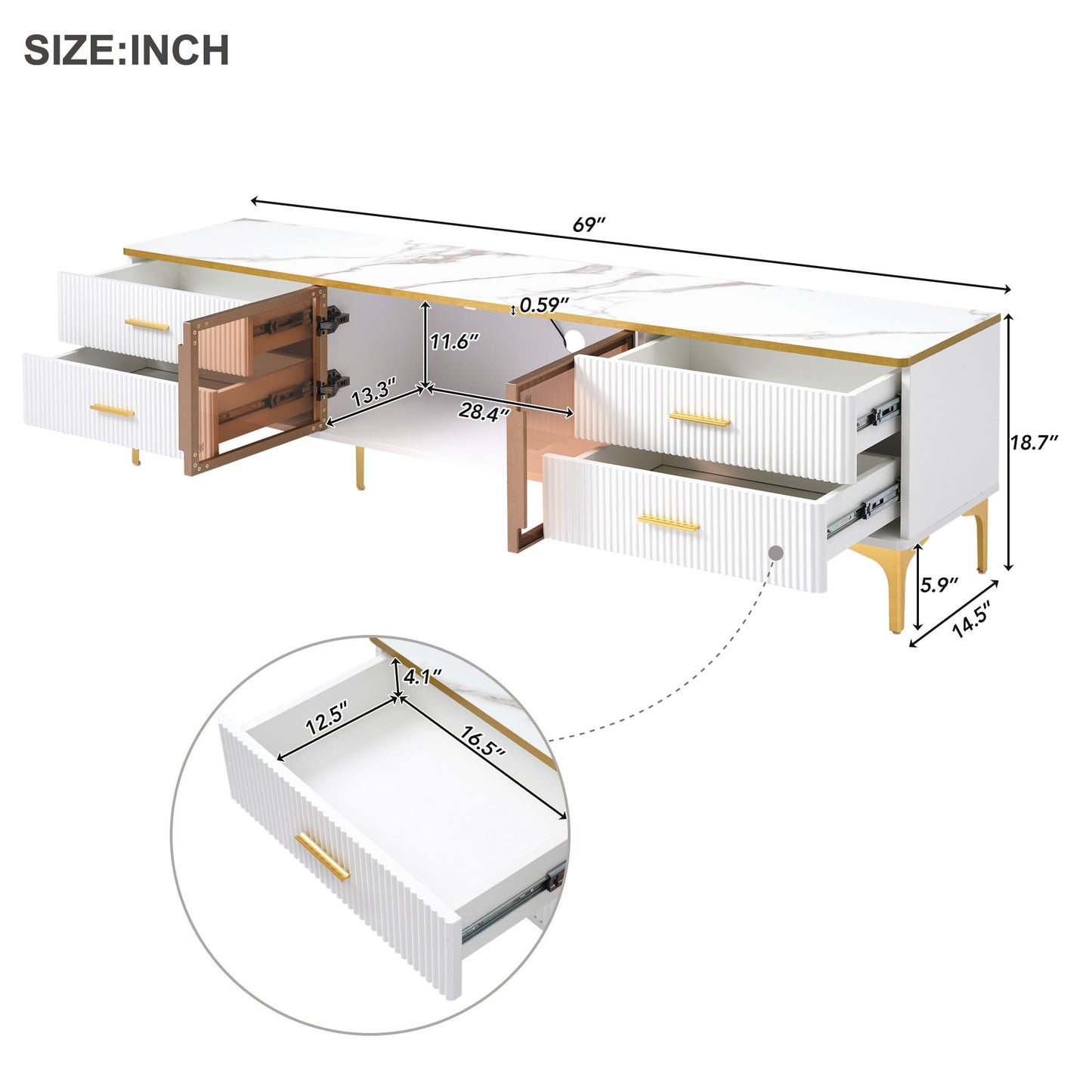 ON-TREND Stylish LED TV Stand with Marble-veined Table Top for TVs Up to 78'', Entertainment Center with Brown Glass Storage Cabinet, Golden Legs & Handles for Living Room, White