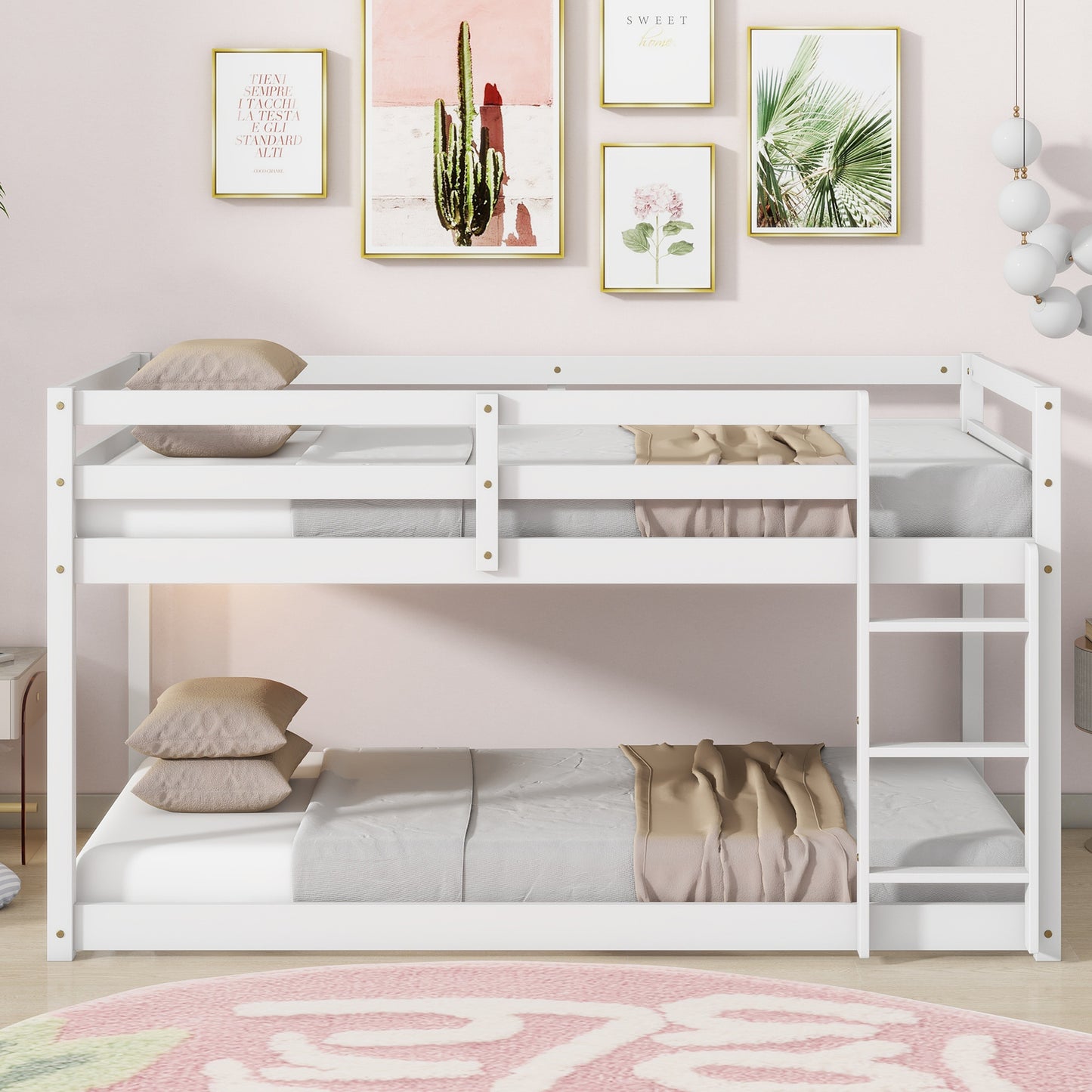 Solid Wooden, Solid Rubber Wooden Twin over Twin Floor Bunk Bed with Ladder, with Bed Platform of Strengthened Slats,White
