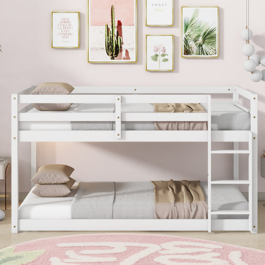 Solid Wooden, Solid Rubber Wooden Twin over Twin Floor Bunk Bed with Ladder, with Bed Platform of Strengthened Slats,White