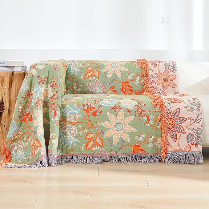 Boho Throw Blanket for Bed-Soft Cotton Rustic Quilt 80"×90",Floral Printed Farmhouse Decor Muslin Bed Blankets for Sofa Couch Chair, Seasons