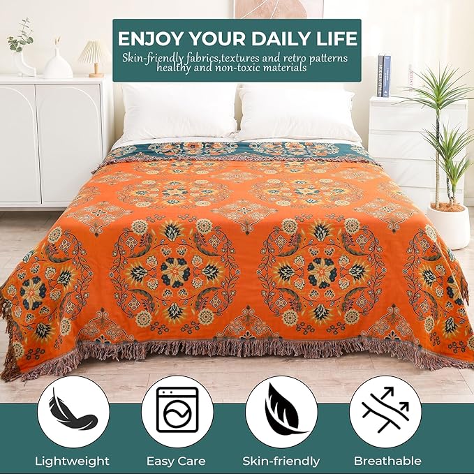 Throw Blanket for Couch Bed Chair,100% Cotton Soft Lightweight Blanket Rustic Quilt -Orange Floral Printed Farmhouse Decor Bed All Season Blankets,80"×90"