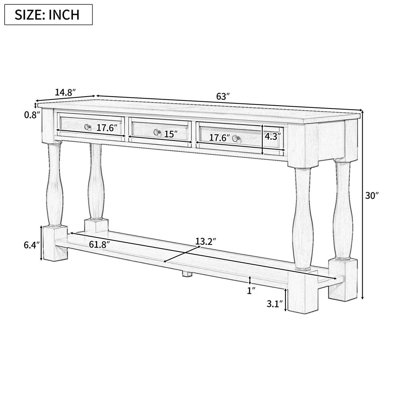 TREXM Console Table 63" Long Console Table with Drawers and Shelf for Entryway, Hallway, Living Room (Antique White, OLD SKU: WF193795AAK)