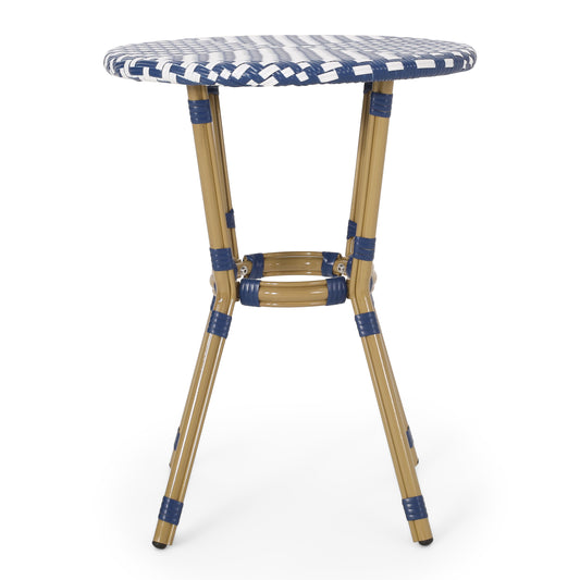 French Bistro Table Outdoor Elegance White+Blue Rattan 21.75x21.75x28.50 inches