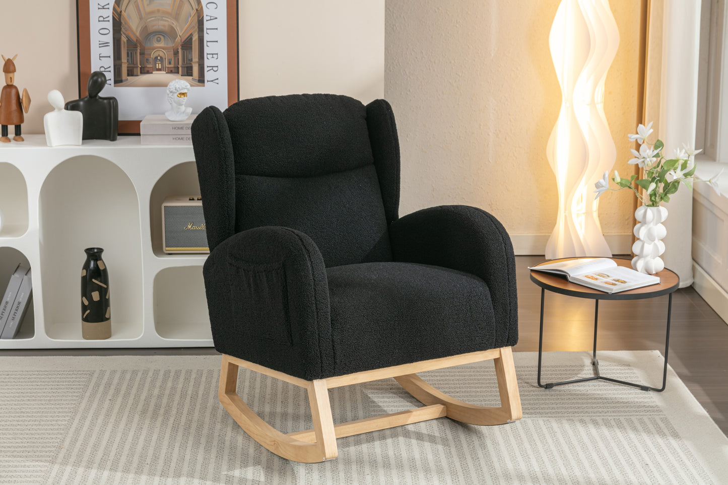 049-Teddy Fabric Rocking Chair With Packet Wood Legs,Black