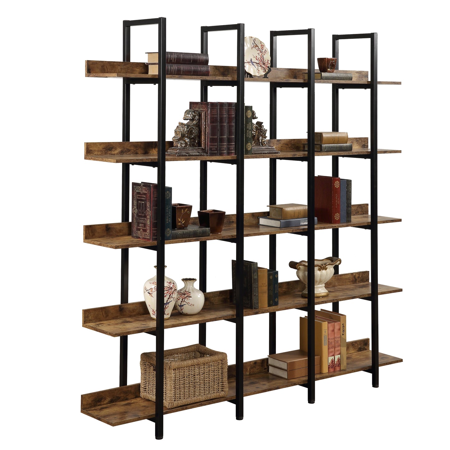 5 Tier Bookcase Home Office Open Bookshelf, Vintage Industrial Style Shelf with Metal Frame, MDF Board