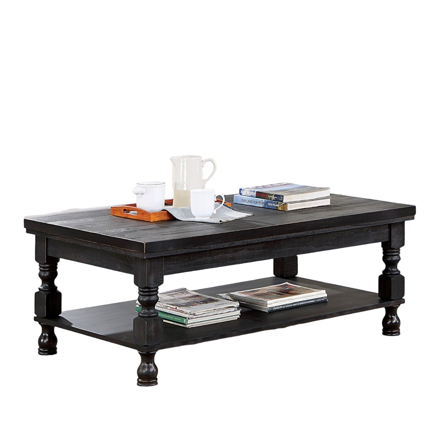 Rustic Style Antique Black 1pc COFFEE TABLE Open Bottom Shelf Plank Style Table Top Living Room Furniture