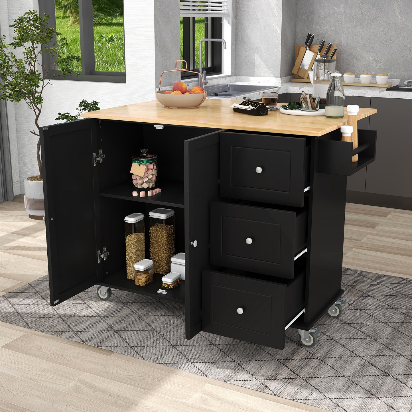 Rolling Mobile Kitchen Island with Solid Wood Top and Locking Wheels,52.7 Inch Width,Storage Cabinet and Drop Leaf Breakfast Bar,Spice Rack, Towel Rack & Drawer (Black)