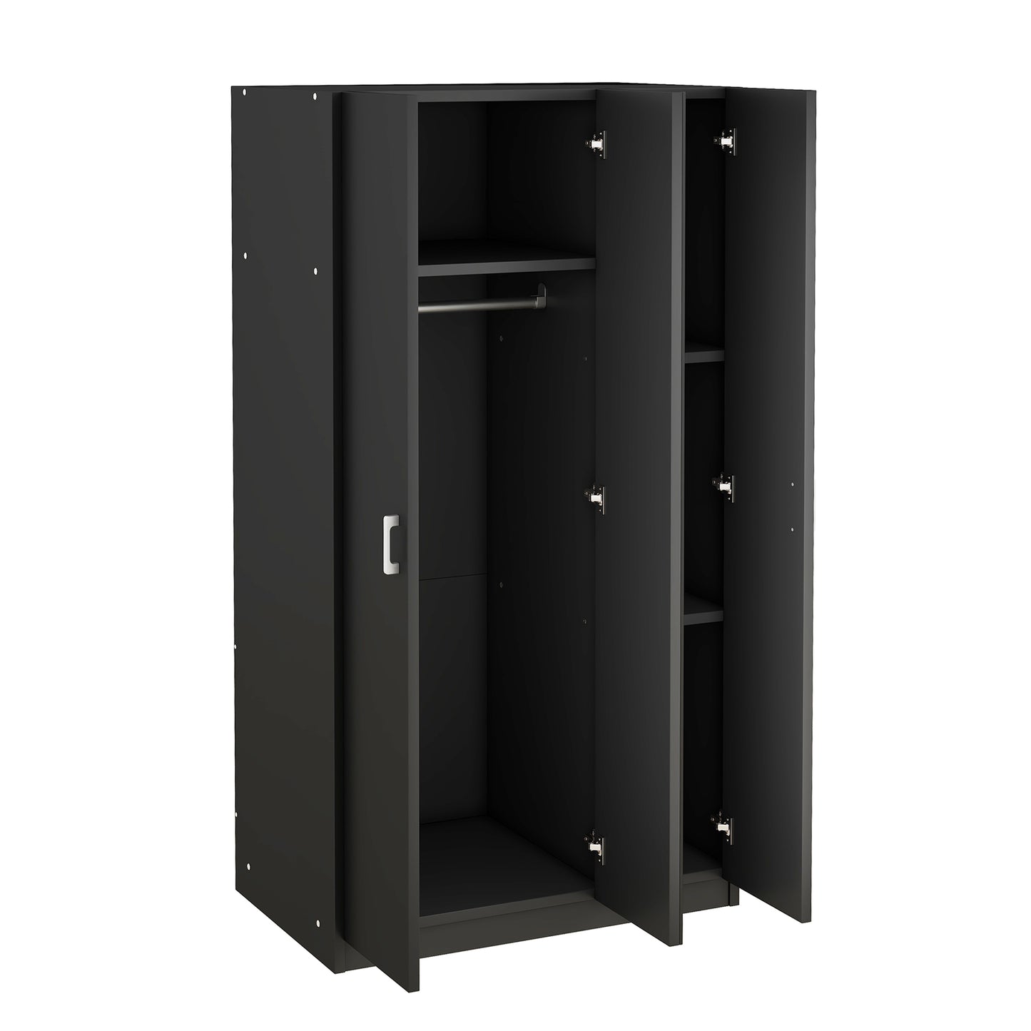 3 Door Wardrobe with Mirror, Armoire with Hanging Rod and 3 Fixed Shelves,Black