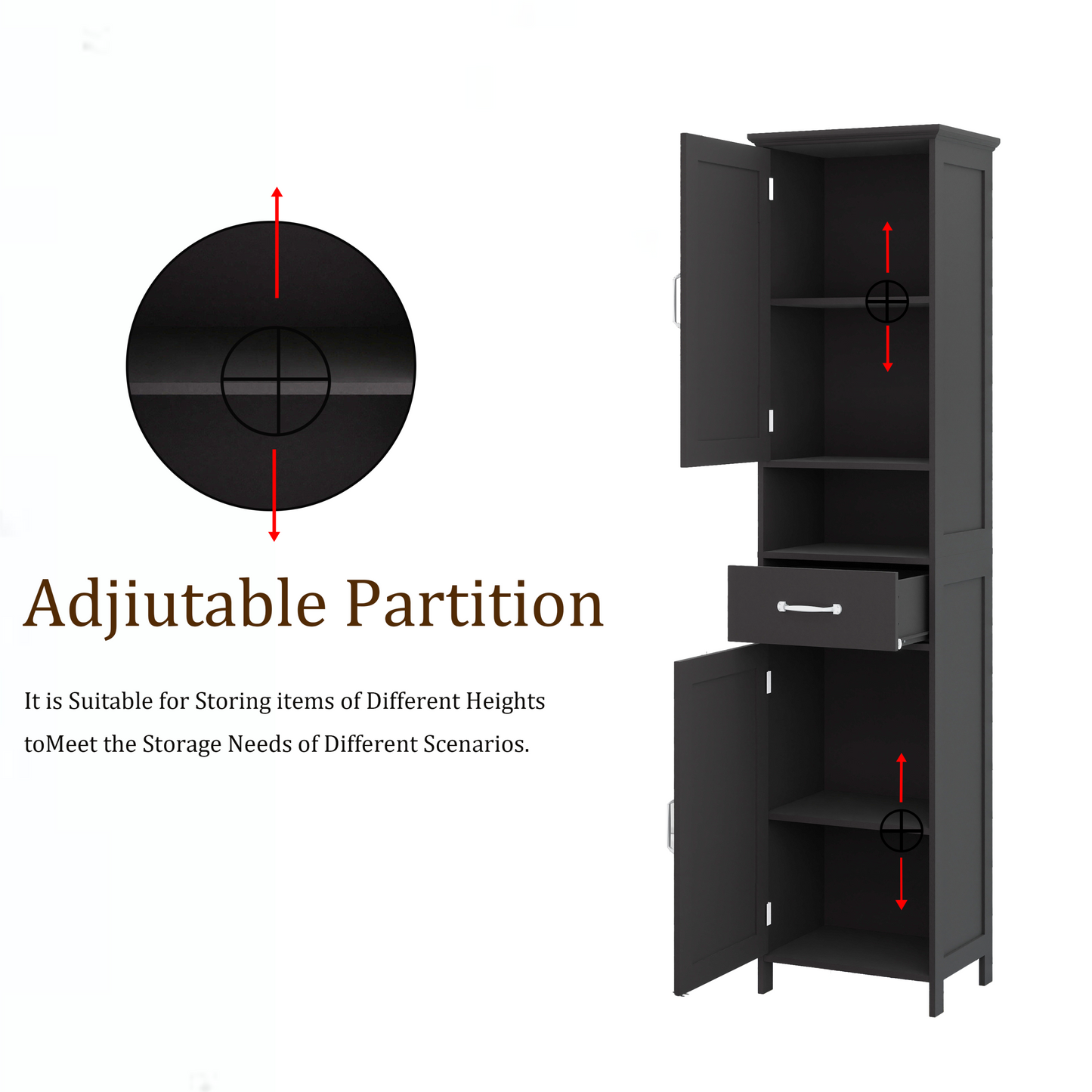 Double Door Narrow Height Slim Floor Standing Cabinet with 2 Adjustable Shelves-Black