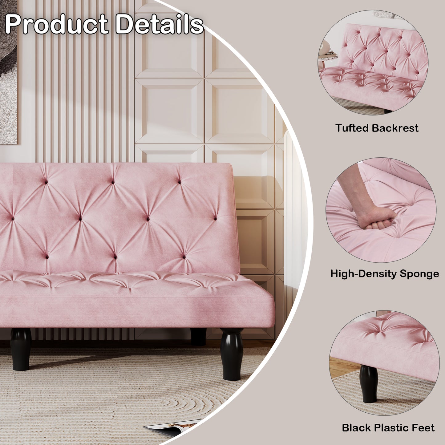 Sofa to Sofa Bed Transformation: 66" Pink Velvet Sofa Bed, Ideal for Family Living Rooms, Apartments & Bedrooms