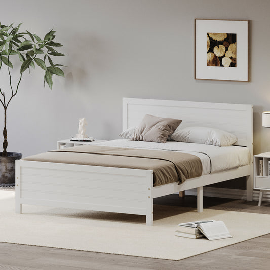 Wood Platform Bed Frame with Headboard, Mattress Foundation with Wood Slat Support, No Box Spring Needed, King Size, White