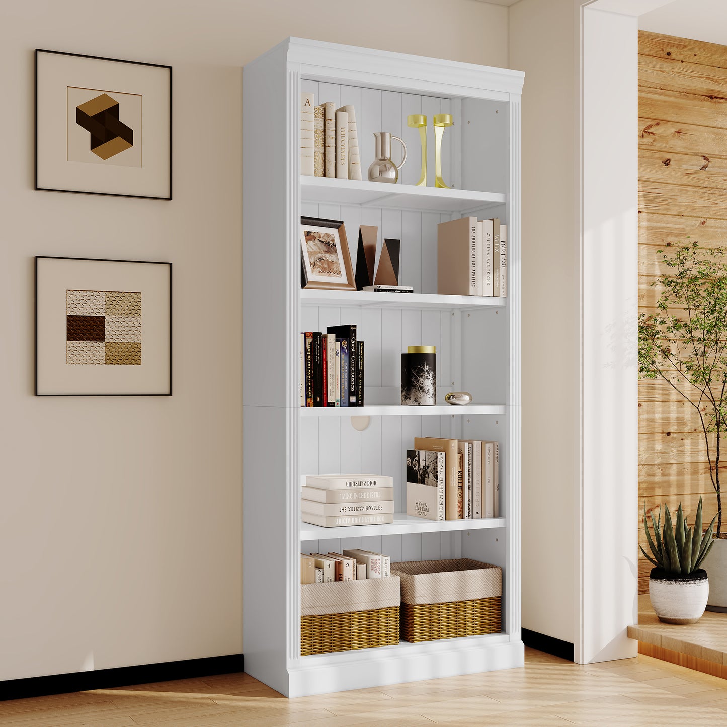 83.4' Tall Wood Bookcase,5-Tier Home Decor Bookshelves with Adjustable Storage Shelves,Storage Organizer for CDs/Books/Movies,Free Standing Storage Shelves for Living Room,Home Office,White