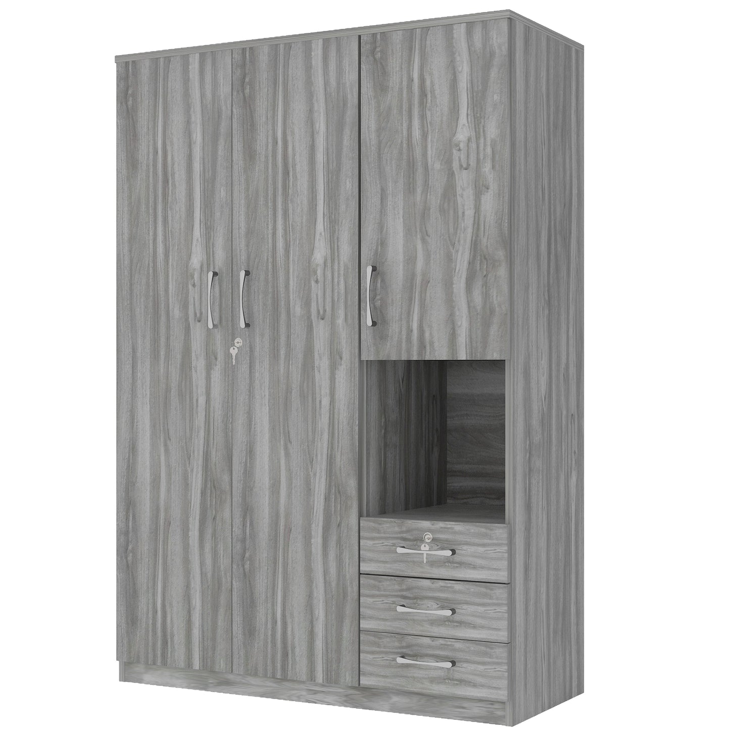 2-Doors Wooden Wardrobe Storage for Bedroom, with Shelves and 3 Drawers, Gray