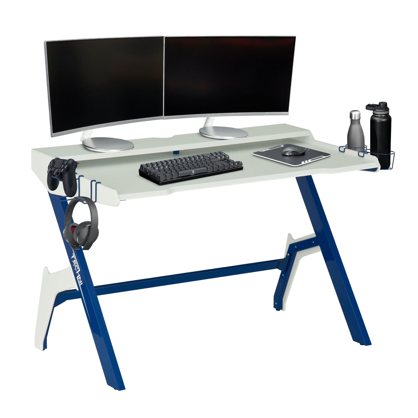Techni Sport Ergonomic Computer Gaming  Desk Workstation with Cupholder & Headphone Hook, Blue