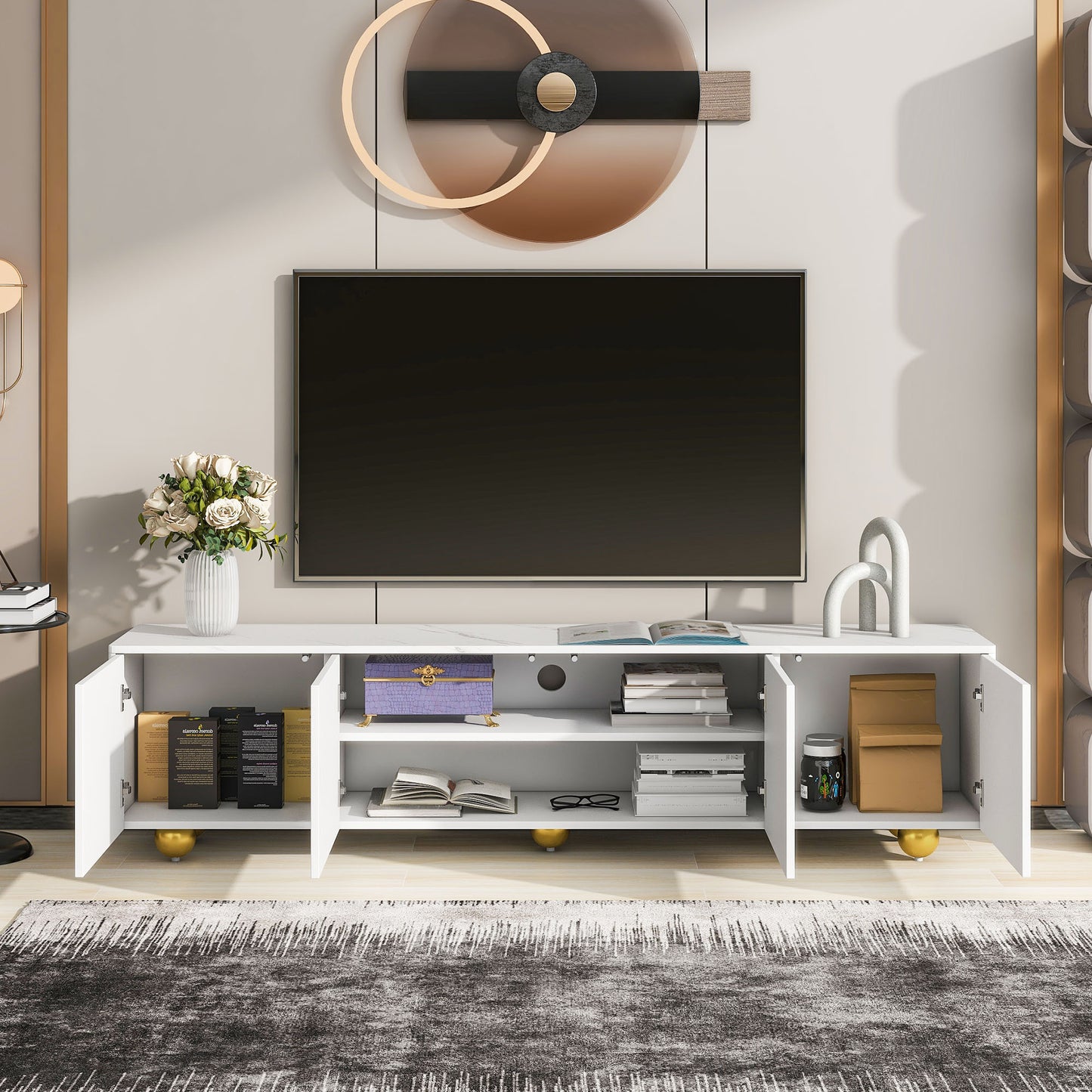 U-Can Modern TV Stand for TVs up to 75 Inches, Entertainment Center with Storage Cabinets and 1 Adjustable Shelf, Media Console with Marble-patterned Top and Golden Round Metal Legs for Living room