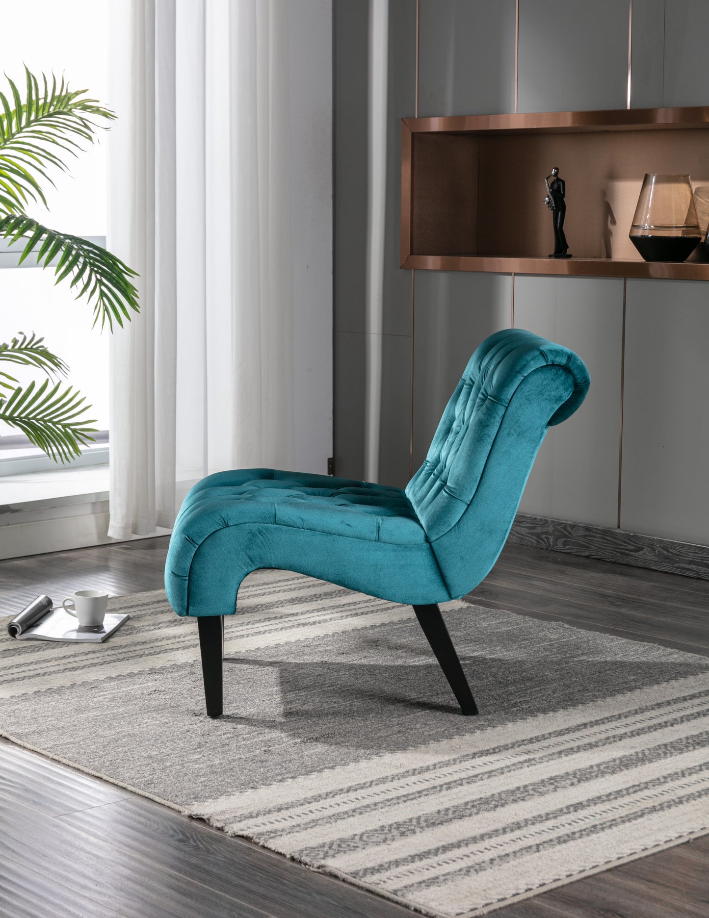 COOLMORE Modern Velvet Armless Accent Living Room Chair / Leisure Chair,Upholstered Fabric Button Comfortable Chair with Wooden Legs for Bedroom, Living Room, Office (Teal Velvet)