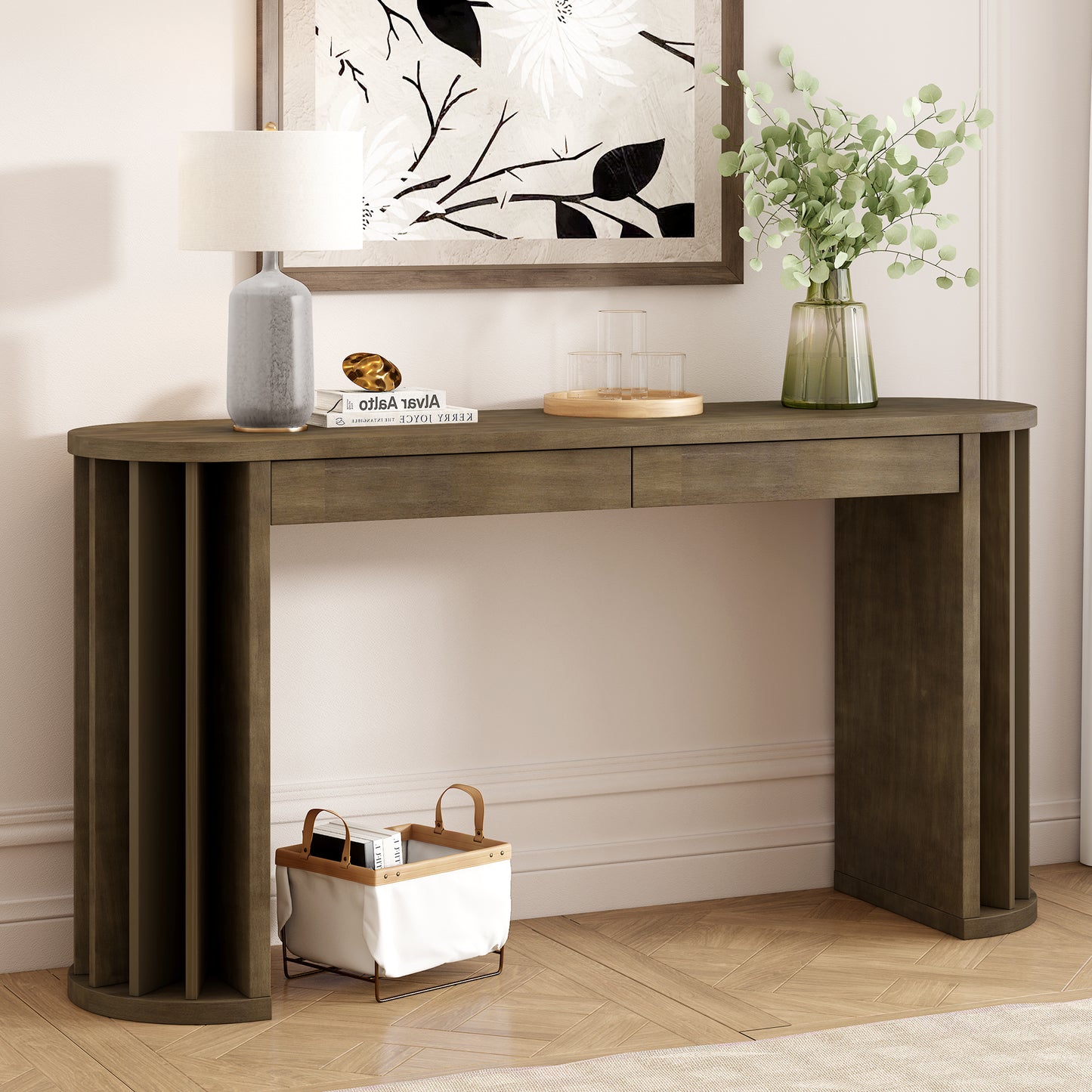 U_Style 59-inch Long Console Table,Oak Veneer Sofa Table,Curved and Straight Line Design,Behind the Couch, Farmhouse Entryway Table for Entrance, Hallway, Living Room (Natural)