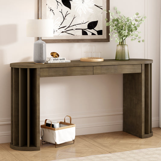 U_Style 59-inch Long Console Table,Oak Veneer Sofa Table,Curved and Straight Line Design,Behind the Couch, Farmhouse Entryway Table for Entrance, Hallway, Living Room (Natural)