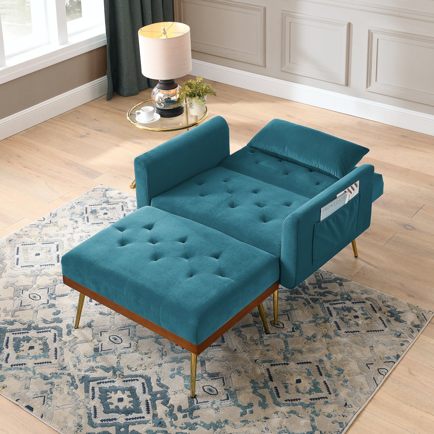 Recline Sofa Chair with Ottoman,Two Arm Pocket and Wood Frame include 1 Pillow, Teal (40.5"x33"x32")