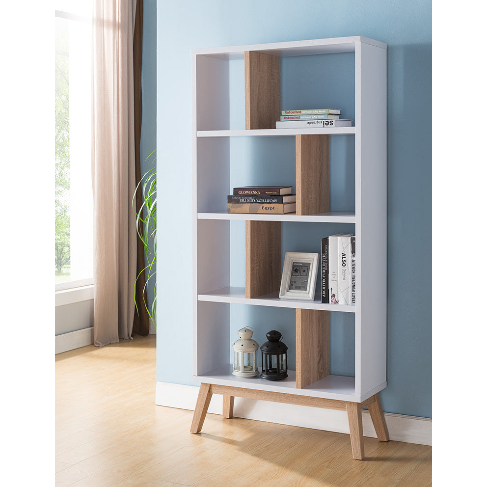 White Two Tone Weathered White Bookcase Display Cabinet Flared Legs Open Back Four Shelves Dividers