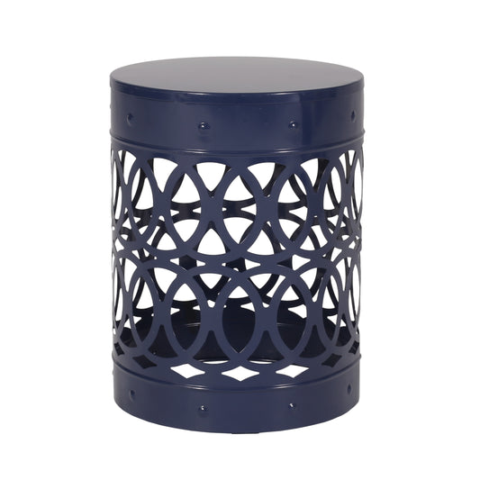 Contemporary Outdoor Metal End Table with Modern Design in Navy Blue Iron Material - Large Size