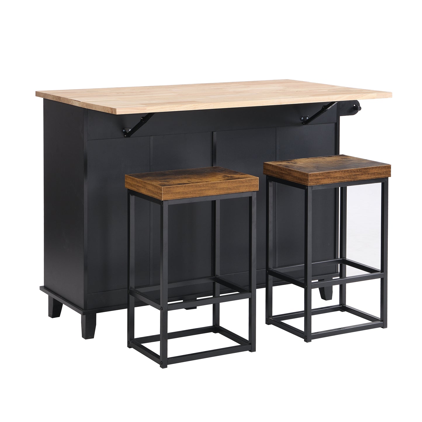 TOPMAX Farmhouse Kitchen Island Set with Drop Leaf and 2 Seatings,Dining Table Set with Storage Cabinet, Drawers and Towel Rack, Black+Rustic Brown