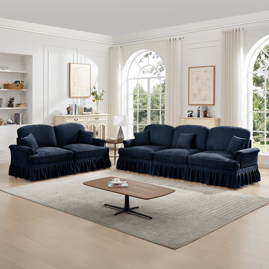 Classic 2 Piece Modular Couch Living Room Sofa Set with Flared Arms and Removable Ruffles Pleats Skirts and Spindle Legs, 3 Seater Sofa + 2-Seat Loveseat Sofa Sets for Living Room, Blue