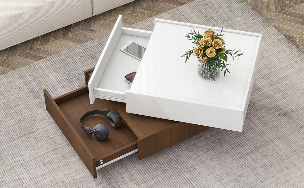 ON-TREND Square 360°Rotating Coffee Table with 2 Drawers, High Gloss 2-Tier Center Table with Swivel Tabletop and Storage, Walnut Table Frame Side Table for Living Room, White