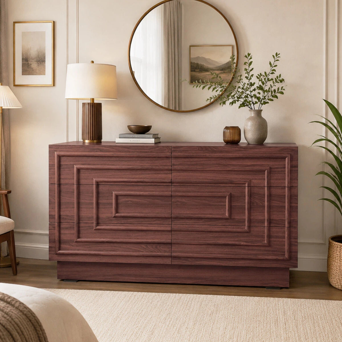 Mid Century 6-Drawer Dresser for Bedroom, 57.2' Wide Modern Push-to-Open Chest of Drawers, TV Stand for Living Room, Thickened Base,Vanity Desk, Drawers Organizer Furniture, Hallway, Brown