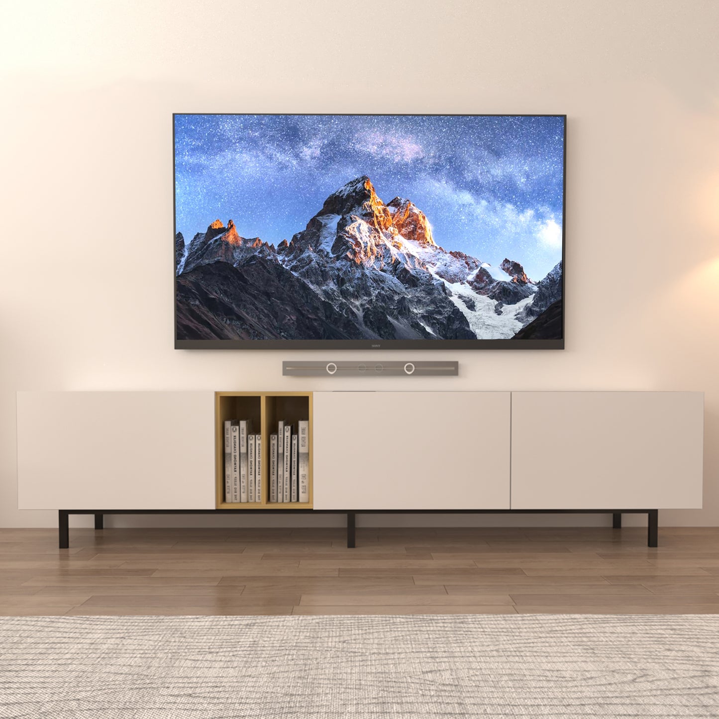 [Video] TV Console with Big Storage Cabinets, Modern TV Stand with Yellow and Ivory Contrasting Colors, Wireless Charging Entertainment Center for Living Room and Bedroom(White, for 80 inches)