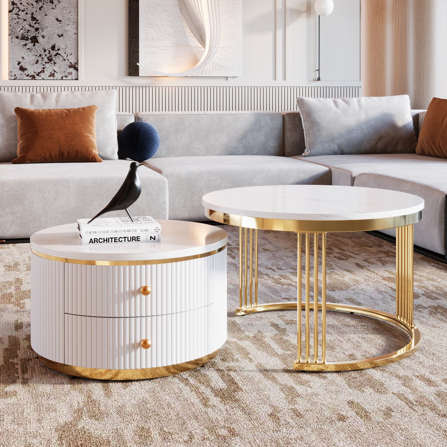 Modern 2 Pieces White Round Nesting  Coffee Table with Drawers in 27.6''