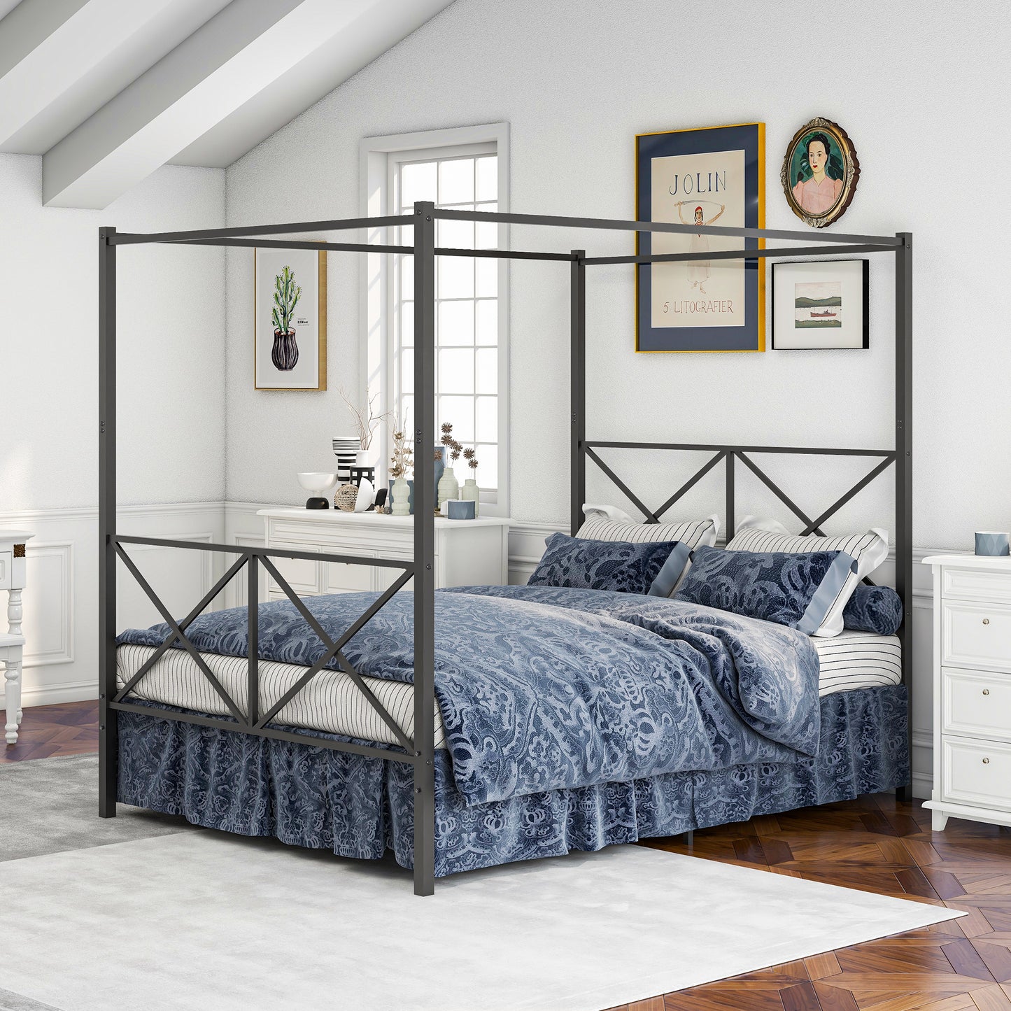 Metal Canopy Bed Frame, Platform Bed Frame Queen with X Shaped Frame Queen Black