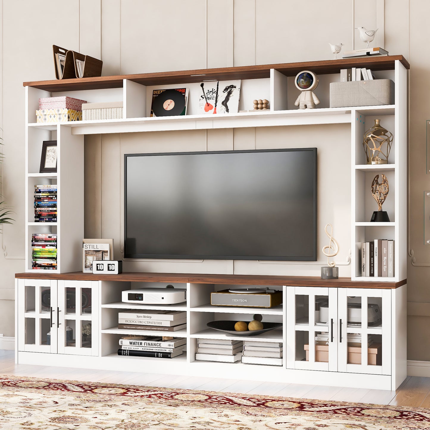 95.5' W Wall Unit Entertainment Center with Bookshelves for TVs up to 80', Modern TV Stand Media Console with Cabinets,  Tempered Glass Doors and Adjustable Shelves for Living Room