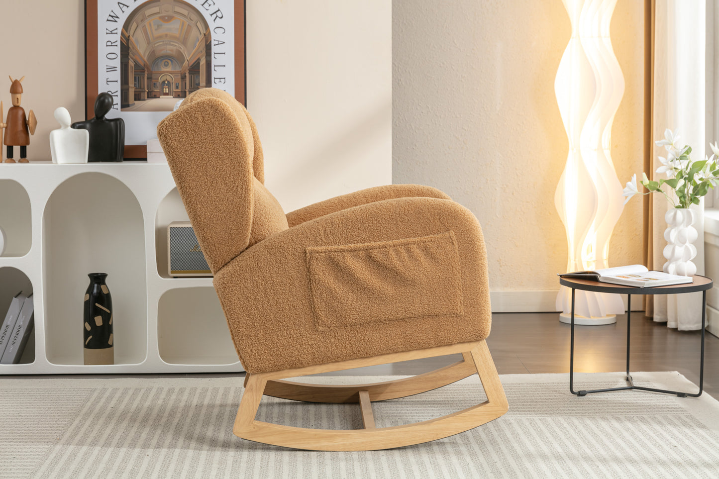 049-Teddy Fabric Rocking Chair With Packet Wood Legs,Khaki