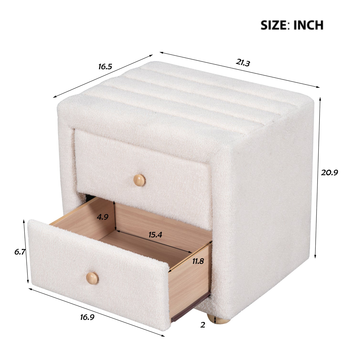 Teddy Fleece Nightstand with 2 Drawers, Beige