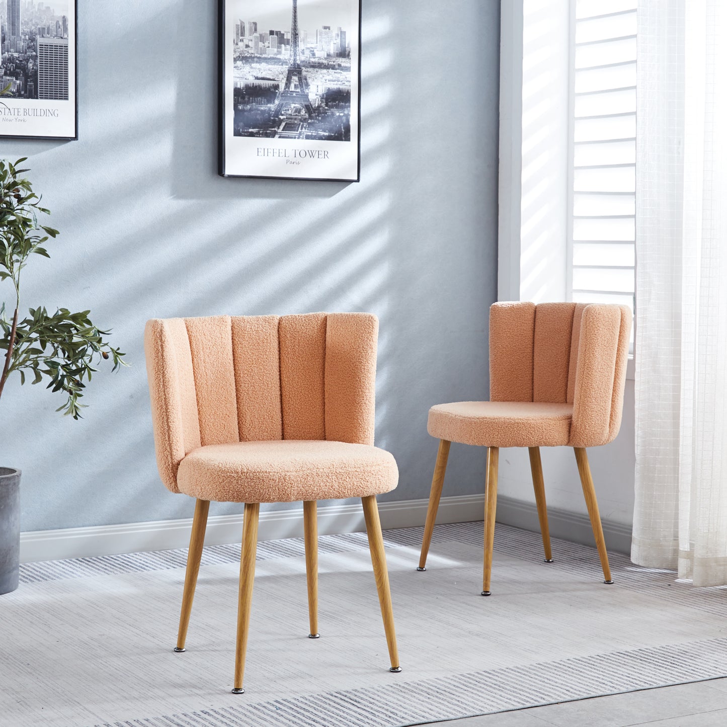 Modern beige dining chair(set of 2 ) with iron tube wood color legs, shorthair cushions and comfortable backrest, suitable for dining room, living room, cafe, simple structure.