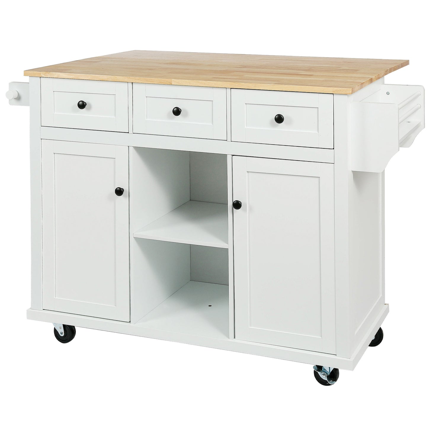 Kitchen Cart with Rubber wood Drop-Leaf Countertop ,Cabinet door internal storage racks,Kitchen Island on 5 Wheels with Storage Cabinet and 3 Drawers for Dinning Room,White
