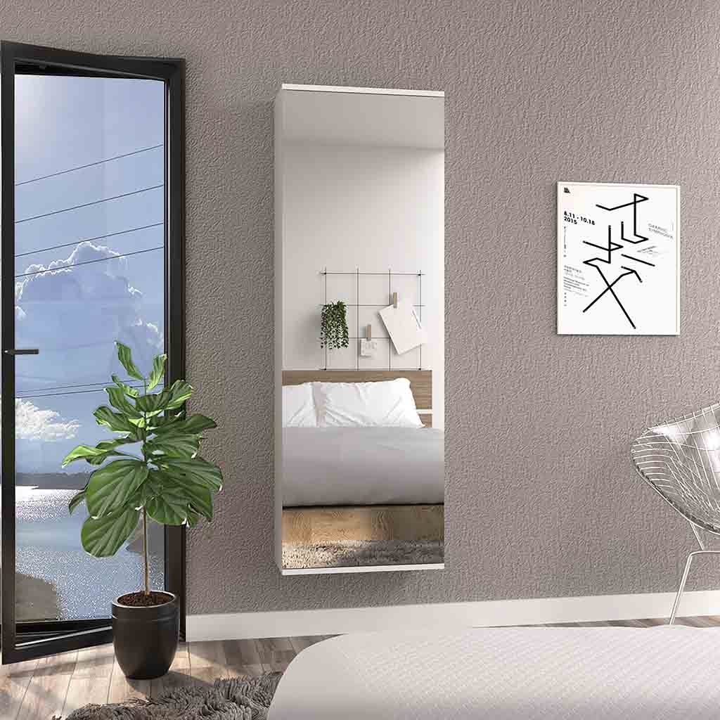 Wall Shoe Rack 54' H, One Mirror, One Door, Five Internal Storage Shelves, Approximate Capacity for Ten Shoes, White