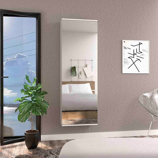 Wall Shoe Rack 54' H, One Mirror, One Door, Five Internal Storage Shelves, Approximate Capacity for Ten Shoes, White
