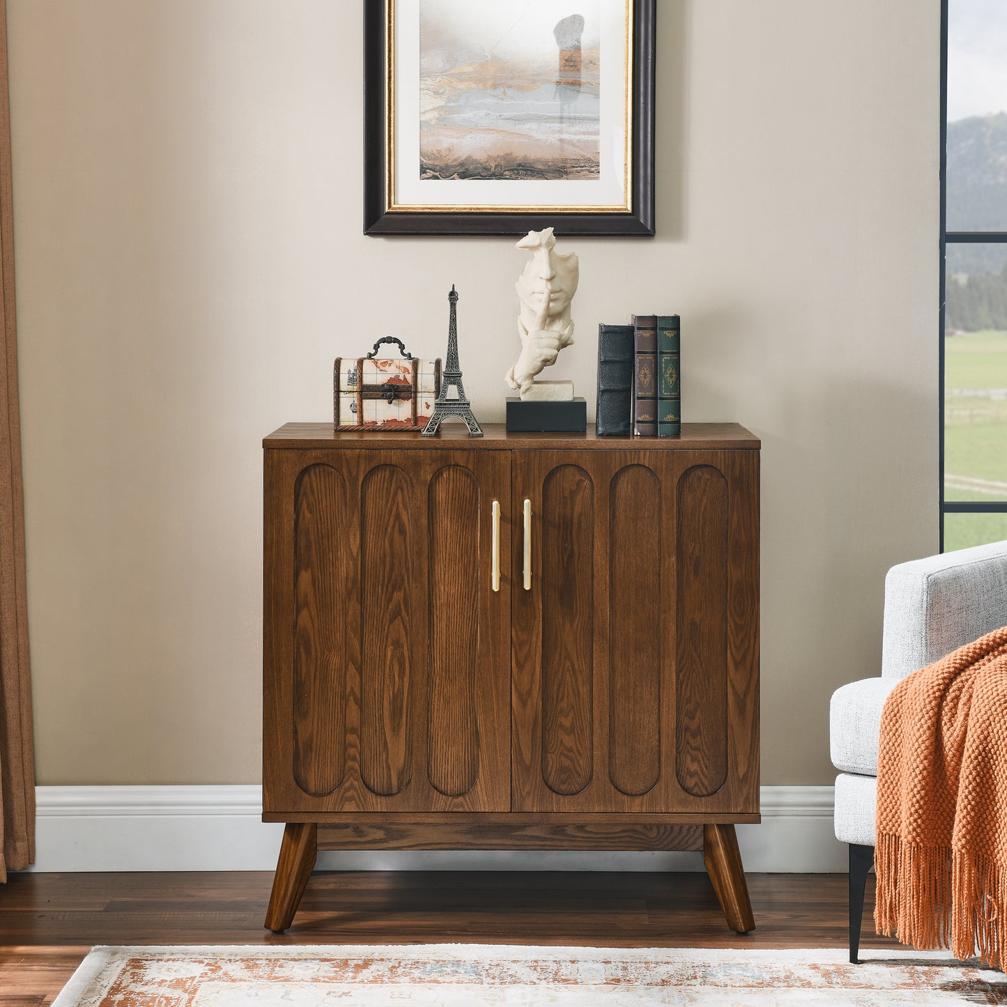 Mid Century Modern Fluted Sideboard Cabinet with Adjustable Shelves & Solid Wood Legs, Buffet Cabinet with Storage, Walnut Storage Cabinet for Living Room, Entryway, Hallway, Dining Room, Kitchen