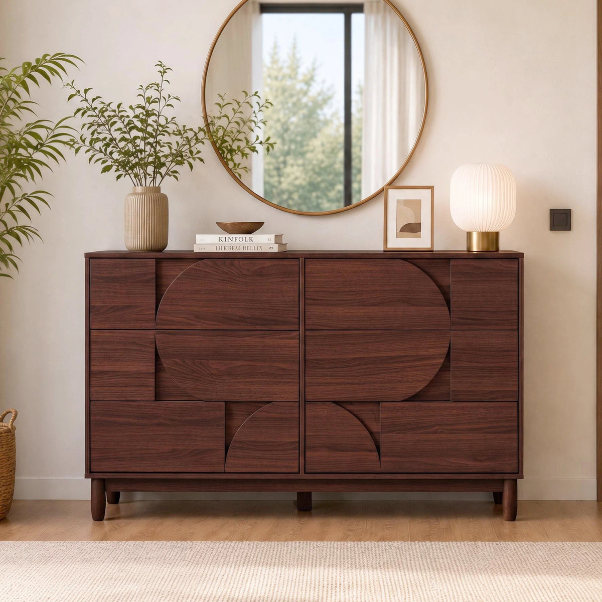 Mid Century 6-Drawer Dresser for Bedroom, 55' Wide Modern Chest of Drawers, TV Stand for Living Room, Solid Wood legs,Vanity Desk, Closet Storage, Drawers Organizer Furniture, Hallway,Warm Brown