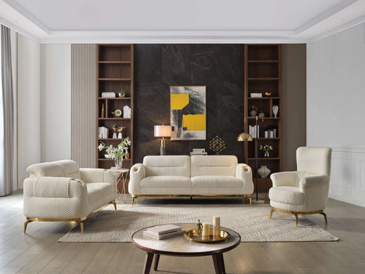 Zoe Modern style 3PC Living room set (Sofa + Loveseat + Chair) made with wood and Gold accents in Cream (CA Warehouse Inventory)