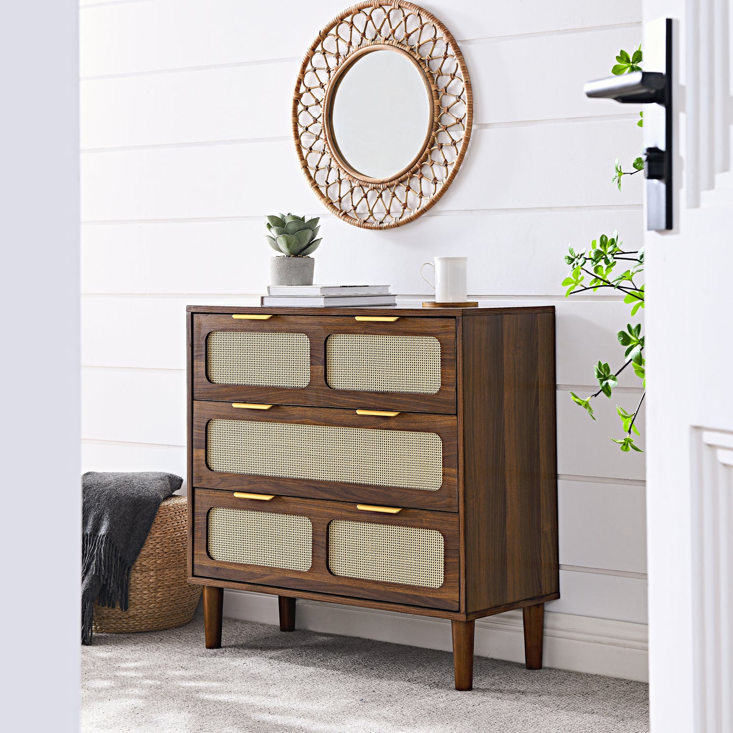 3 drawer dresser, modern rattan dresser cabinet with wide drawers and metal handles, farmhouse wooden storage chest of drawers for room, living room, hallway, entrance, office