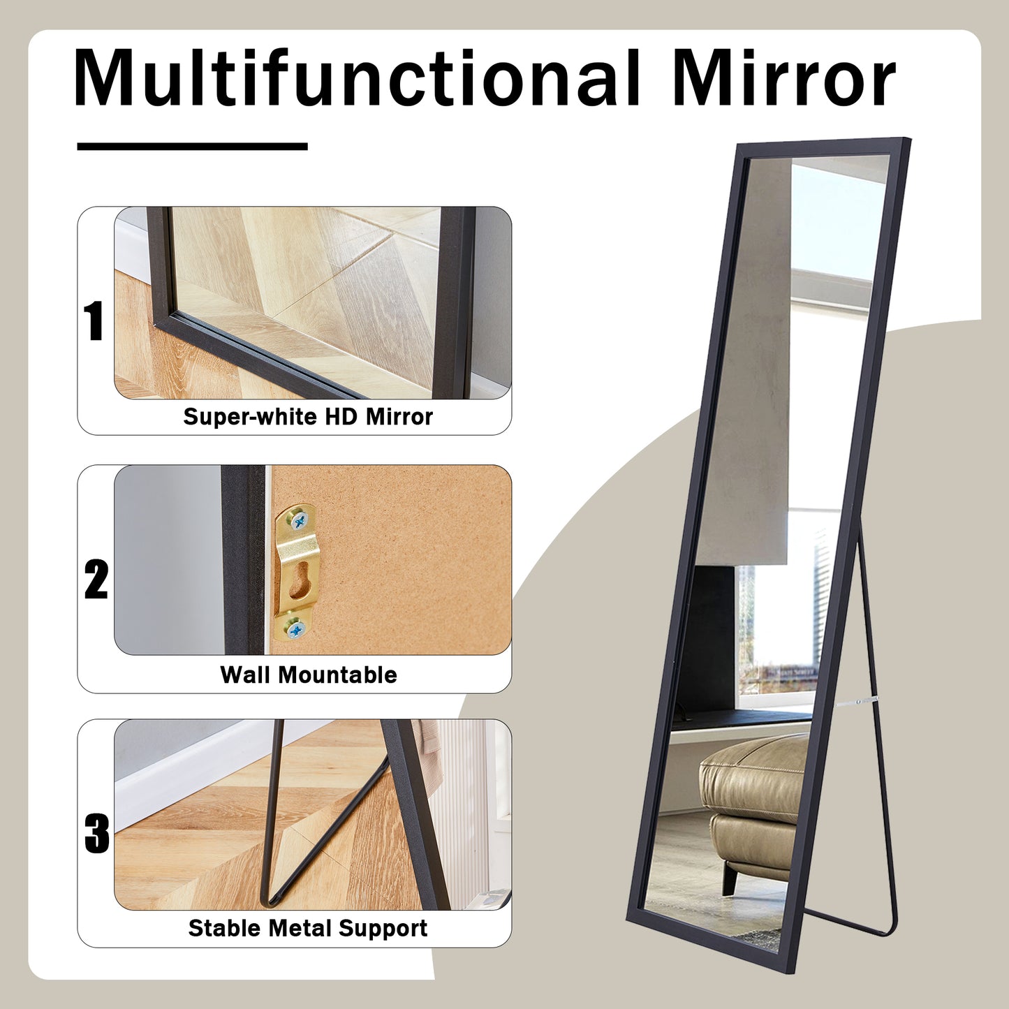 Third generation, black thick wooden frame full body mirror, large floor standing mirror, dressing mirror, decorative mirror, suitable for bedrooms, living rooms, clothing stores57.9"*18.1"