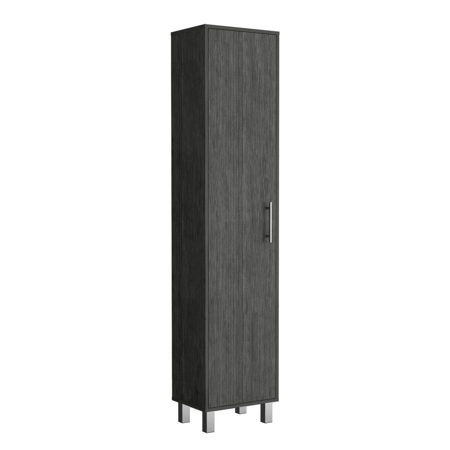 70.8H" Tall Narrow Storage Cabinet with 5-Tier Shelf, 3 Broom Hangers and Metal hardware, Smokey Oak