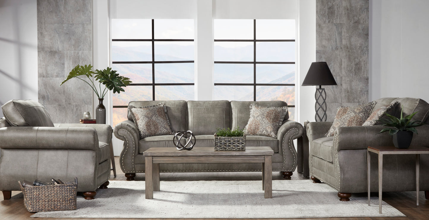 Leinster Faux Leather Upholstered Nailhead Sofa, Loveseat, and Chair Set